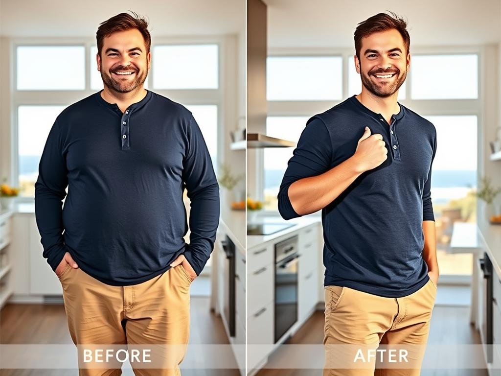 David K. before and after losing 58 pounds with tirzepatide treatment from BeachFit Meds, shown in his coastal California kitchen