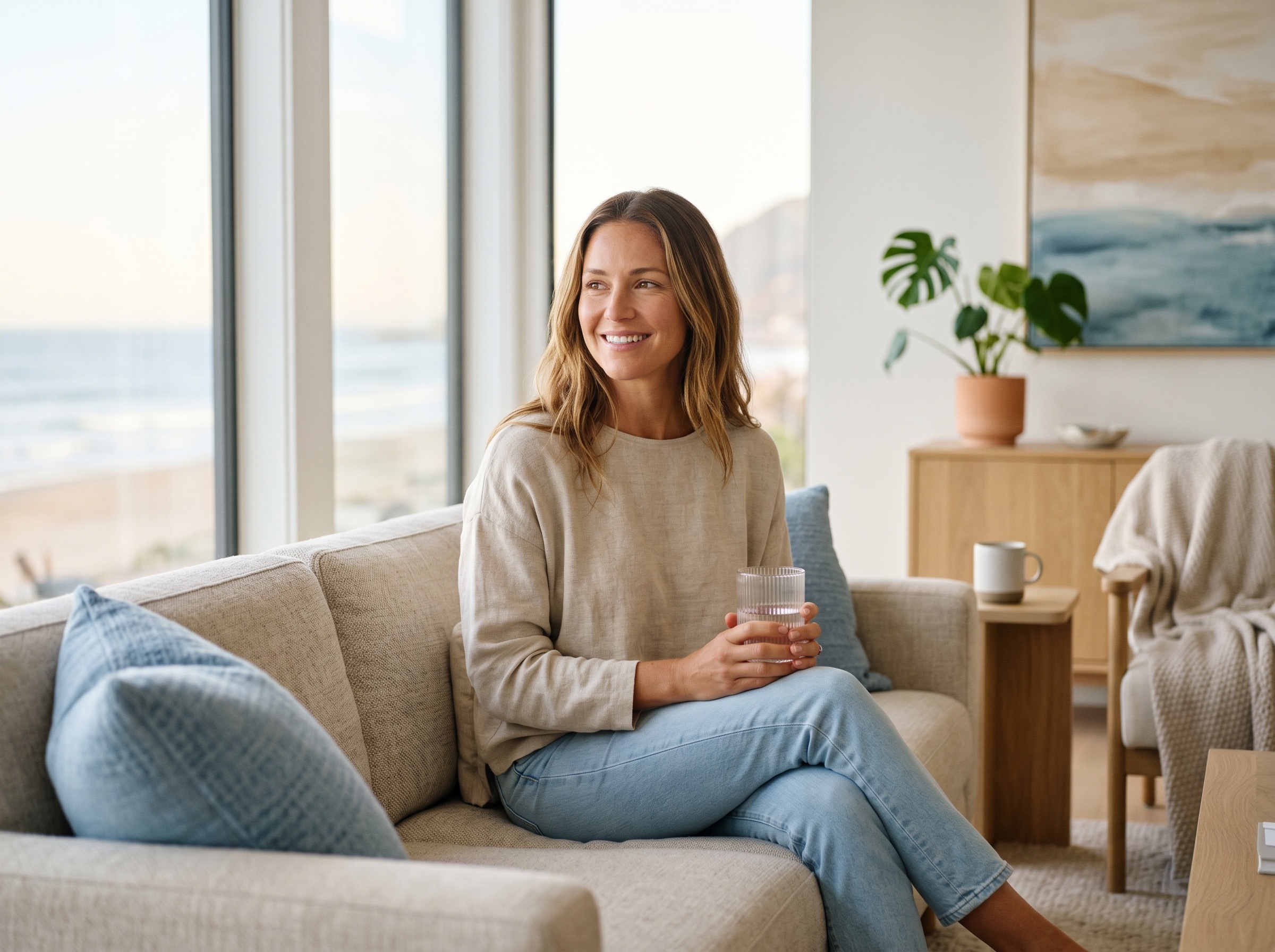 Confident woman relaxing in a bright coastal California home after a wellness consultation with BeachFit Meds