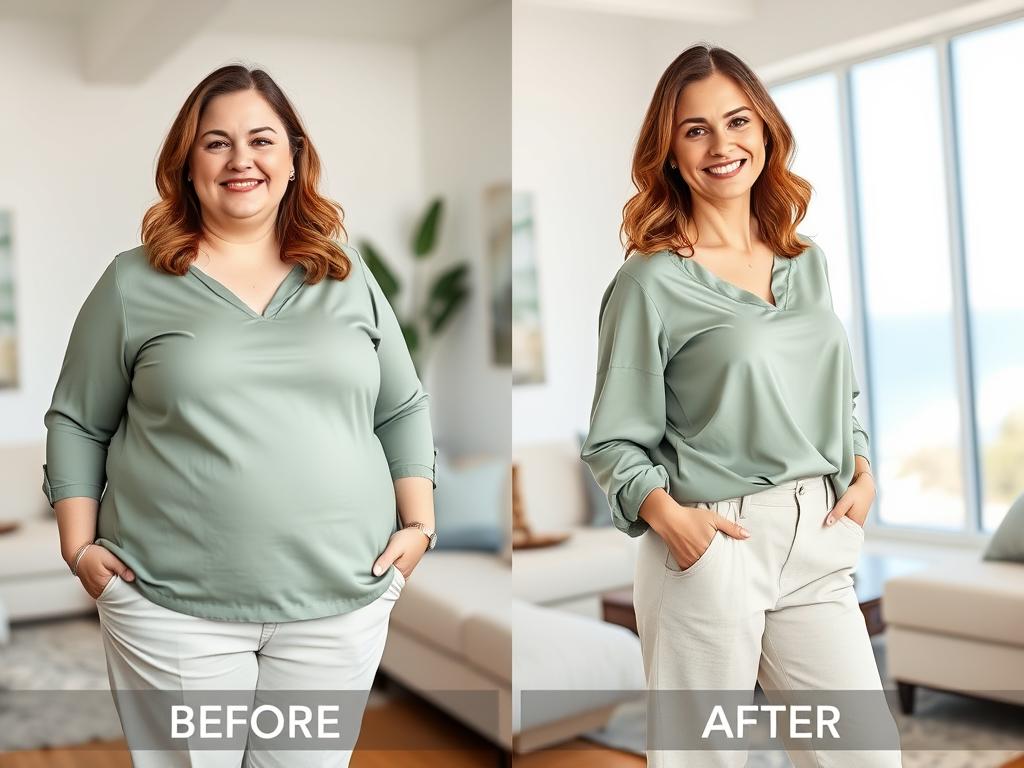 Jessica M. before and after losing 42 pounds with semaglutide treatment from BeachFit Meds, shown in her coastal California home