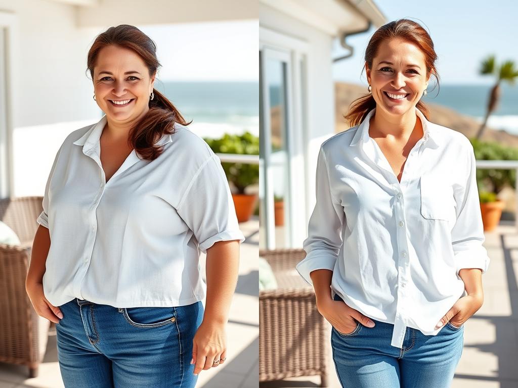 Sarah R. before and after losing 35 pounds with semaglutide treatment from BeachFit Meds, shown on her coastal California patio